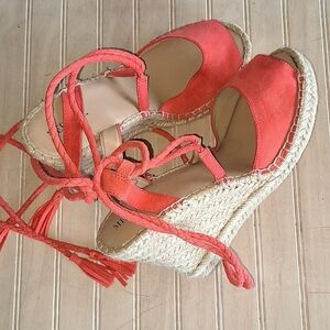 Merona Espadrills Wedges Heels Coral Straps Around Ankles Tassels Sandals